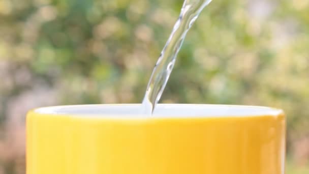 Agua vertiendo en la taza amarilla en el fondo verde del árbol Vista de cerca — Vídeo de stock