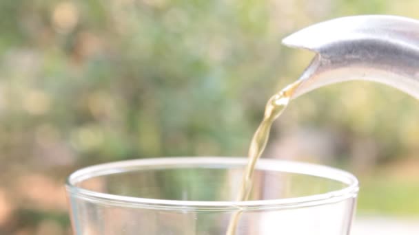 Hete thee gieten in glas op groene achtergrond Close-Up boommening — Stockvideo