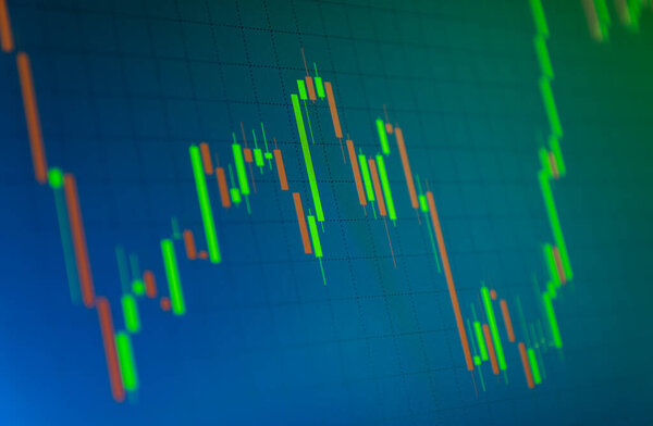 Tilted Red and Green Stock Chart or Forex Chart and Table Line on Blue Background in Green Tone