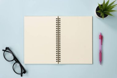 Üst Tablo Spiral Not Defteri ya da Çizgisiz Orta Çerçeve ve Kırtasiye ve Gözlükler ve Mavi Pastel Minimalist Arkaplan Ofis Bitkisi Üzerine Yazılı Not Defteri