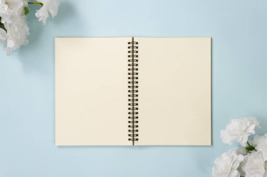 Üst Tablo Spiral Not Defteri veya Mavi Pastel Minimalist Arkaplanda Alt Sağ ve Üst Sol Köşedeki Orta Çerçeve ve Beyaz Çiçekler Üzerine Çizgisiz Not Defteri Biçimi
