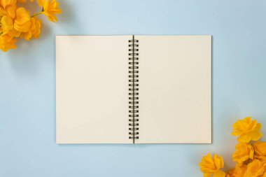 Üst Tablo Spiral Not Defteri veya Mavi Pastel Minimalist Arkaplan 'da Alt Sağ ve Üst Sol Köşedeki Sarı Çiçekler Çizgisiz Tür ve Sarı Not Defteri
