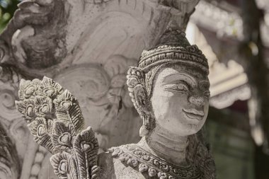 Phayao, Tayland - 22 Kasım 2020 Analayo Tapınağı 'ndaki Taş Tanrı Heykeli veya Zoom View' daki Bulanık Arkaplan Üzerine Wat Analayo
