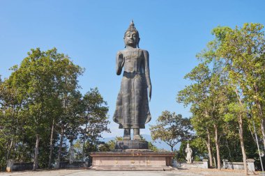 Phayao, Tayland - 29 Kasım 2020: Wat Analayo Tayland Tapınağı 'nda Geniş Açı Açı Ön Buda Akrabaları Anıtı Mavi Gökyüzü Arkaplanı ve Yeşil Orman
