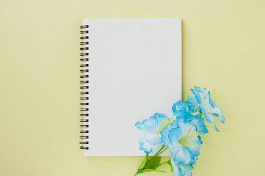 Spiral Notebook veya Spring Notebook in Unline Type and Blue Flower on Pastel Yellow Minimalist Arkaplan. Spiral Not Defteri Orta Çerçeve 'ye uydur