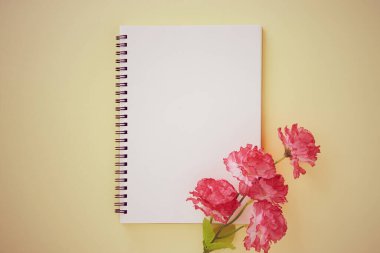 Spiral Notebook veya Spring Notebook in Unline Type and Red Flower on Pastel Yellow Minimalist Arkaplan. Spiral Not Defteri Orta Çerçeve 'ye Eski Ton' da Uygula