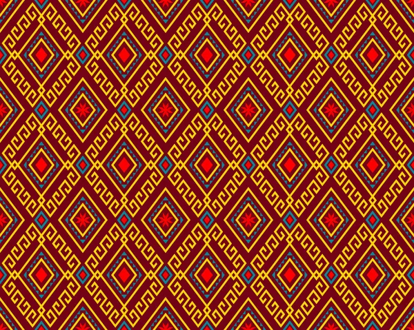Κίτρινη Πράσινη Φυλή Ethnic Seamless Pattern Red Background Symmetry Rhombus — Διανυσματικό Αρχείο