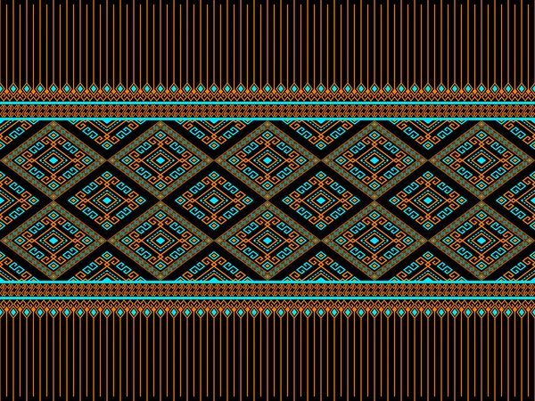 对称菱形几何波希米亚风格服装 包装设计中黑色背景的橙色绿松石族或部落无缝图案 — 图库矢量图片