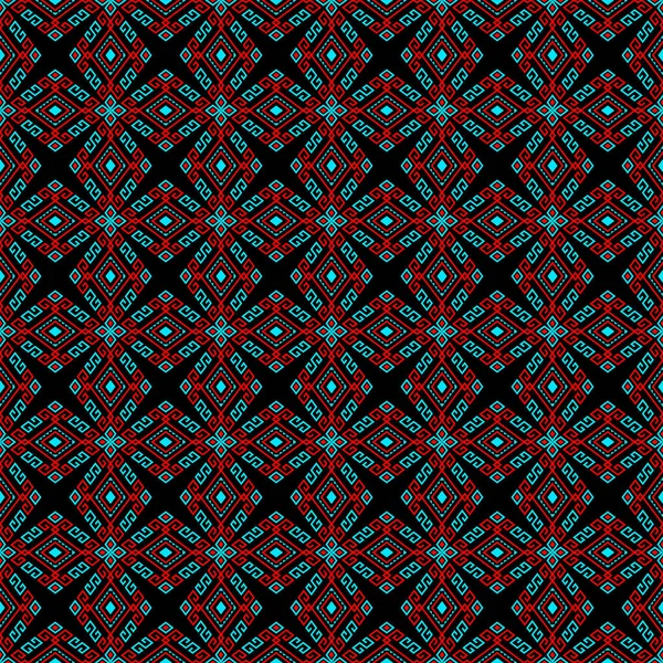 对称菱形几何波希米亚风格服装 包装设计中黑色背景的红绿松石族或本土无缝制图案 — 图库矢量图片