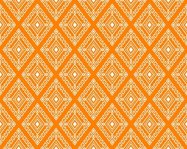 对称菱形几何波希米亚风格服装 包装设计中橙色背景的白色部族或民族无缝图案 — 图库矢量图片