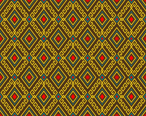 黄色の緑の部族や民族のシームレスなパターン対称性の茶色の背景に菱形衣服やアパレル パッケージデザインのためのボヘミアンスタイル — ストックベクタ