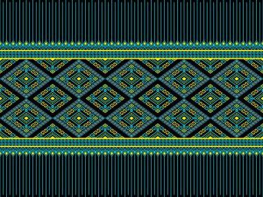 Turkuaz Sarı Etnik veya Kabile Simetri Rodos Geometrik Giysi, Nakış, Kumaş, Paket Tasarımı Biçiminde Kara Arkaplan Kusursuz Deseni