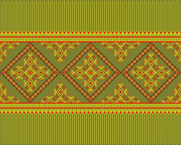 黄色の赤ネイティブまたは部族のシームレスなパターン緑の背景対称性のバス幾何学的ボヘミアンスタイル服やアパレル ファブリック パッケージデザインのための — ストックベクタ