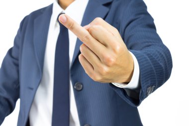 İşadamı ile orta parmak ya da lanet olsun seni Whit üzerinde izole işareti