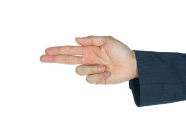 İşadamı parmak silahı işaret parmağı ve orta parmak izole o