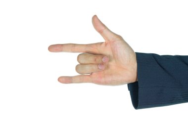 Parmak işareti üzerinde beyaz izole sevdiğimi işadamı