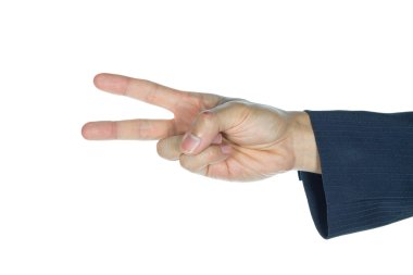 İşadamı iki parmak üzerinde beyaz izole