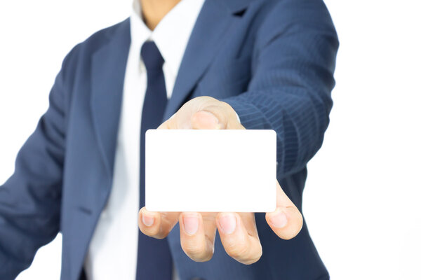 Businessman Hold Business Card or White Card at Low Level Isolat