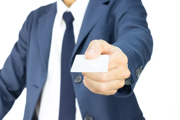 Businessman Hold Business Card or White Card in Straight View Is — Stock Photo, Image