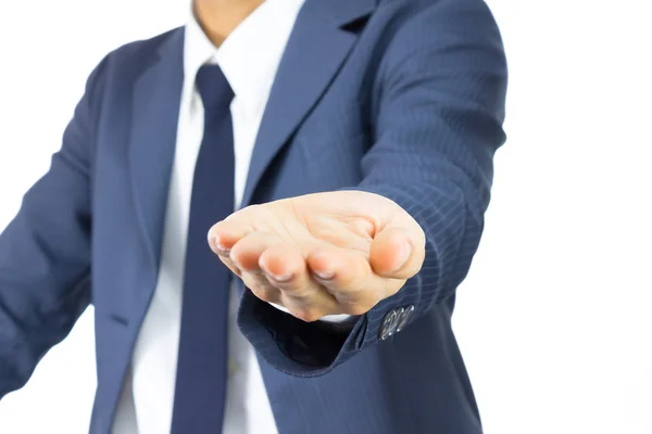Businessman Open Palm Hand Gesture on Plump Style Isolated on Wh — Stock Photo, Image