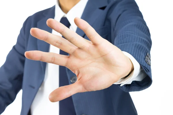 Businessman Stop Sign Hand Gesture on Tilt View Isolated on Whit — Stock Photo, Image