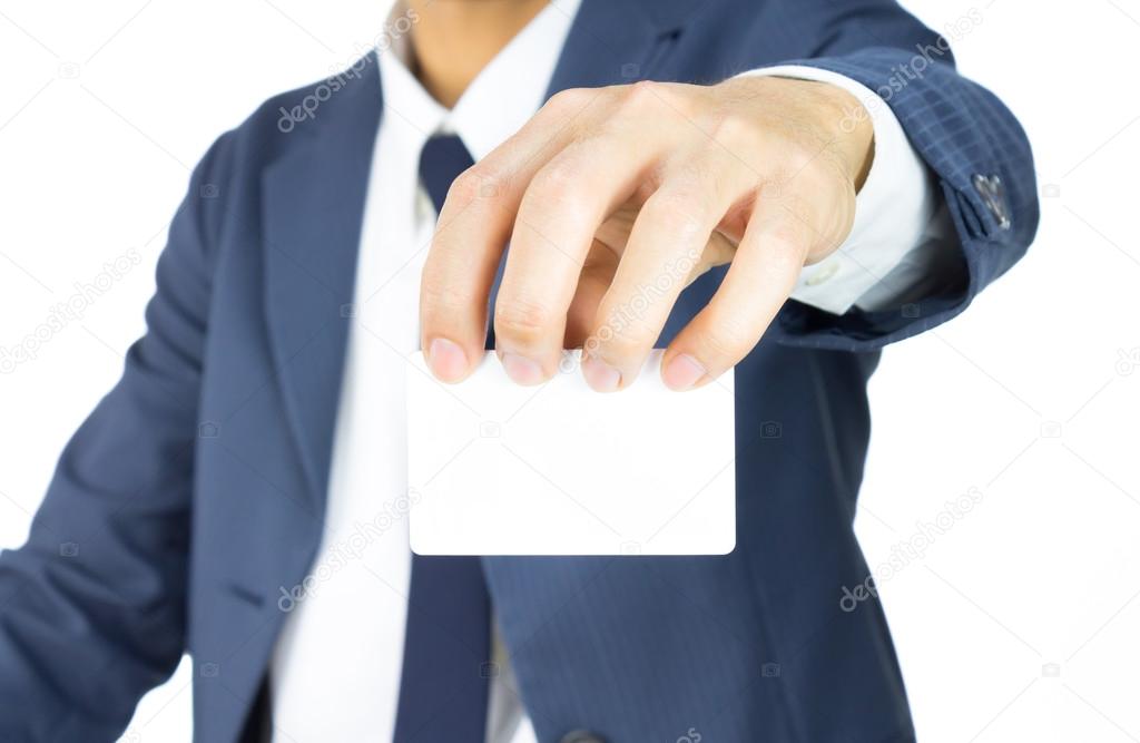 Businessman Hold Top Business Card or White Card Isolated on Whi