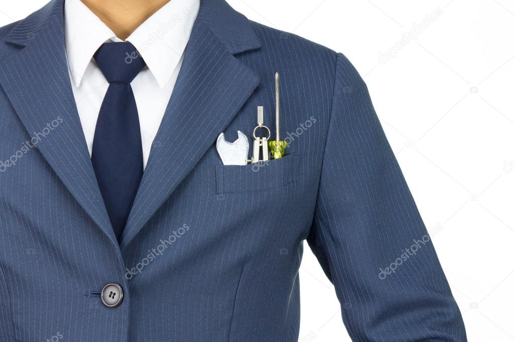 Businessman With Wrench and Compass and Screwdriver  in Pocket I