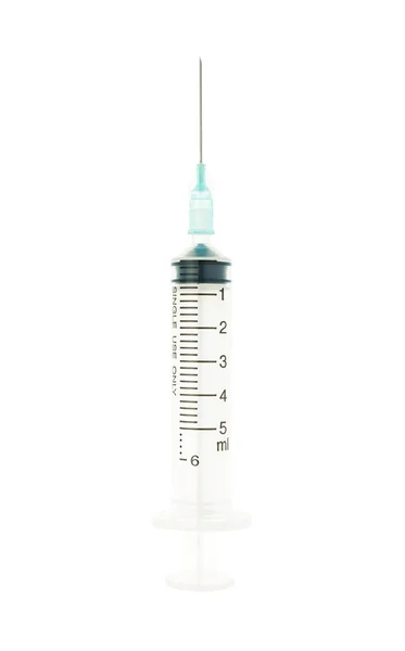 Blue Syringe Isolated on White Background on Vertical View — Stock Photo, Image