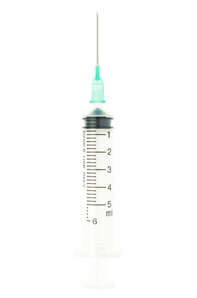 Green Syringe Isolated on White Background on Vertical View — Stock Photo, Image