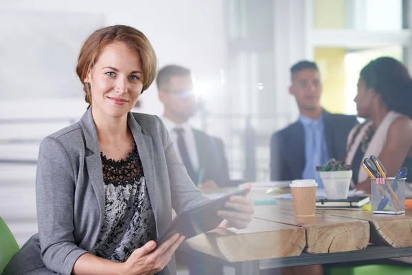 Team van een succesvol bedrijfsmensen met een bijeenkomst in uitvoerend zonovergoten Bureau — Stockfoto