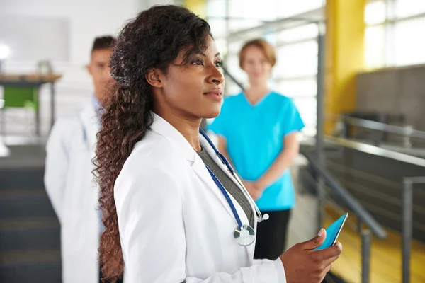 Ritratto di una amichevole donna afro-americana medico e squadra in luminoso ufficio moderno Immagine Stock