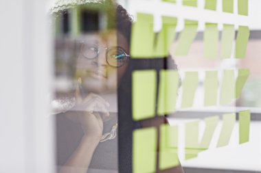 Portrait of a smiling business woman with an afro in bright glass office
