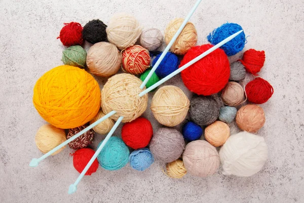 Many Balls Yarn Knitting Needles Grey Background Still Life Many — Stock Photo, Image