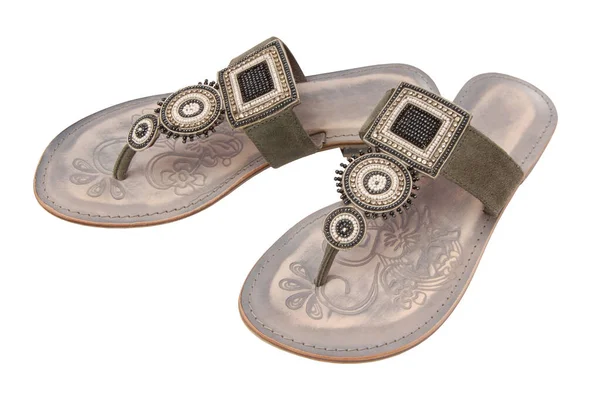 Flip Flop Samičí Kůže Sandály Otevřenou Špičkou Bílém Pozadí Izolovaná — Stock fotografie