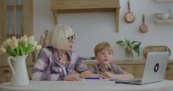 La nonna degli anni 60 fa i compiti online con il nipote della scuola materna a casa. Donna anziana in occhiali e giovane ragazzo che studia online con il computer portatile. Processo di istruzione online e apprendimento a distanza. — Video Stock