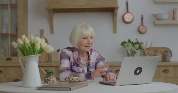 Ηλικιωμένη γυναίκα που μιλάει στο διαδίκτυο με φορητό υπολογιστή κάθεται σε ξύλινη κουζίνα. Χαμογελαστή ηλικιωμένη γυναίκα που κάνει διαδικτυακή συζήτηση. Η γιαγιά μένει στο σπίτι και συνομιλεί με συγγενείς στο διαδίκτυο. — Αρχείο Βίντεο