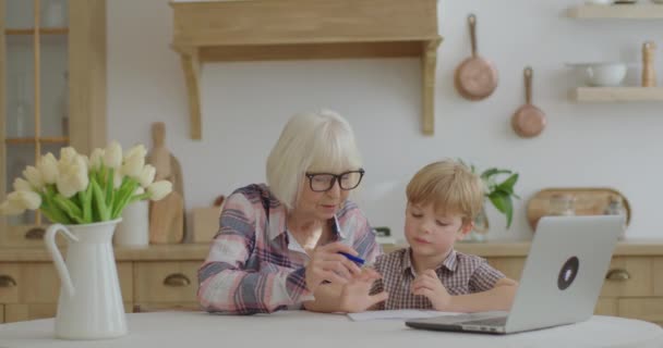 Die Großmutter aus den 60er Jahren macht zu Hause mit dem Enkel im Vorschulalter Online-Hausaufgaben. Seniorin mit Brille und kleiner Junge beim Online-Lernen mit Laptop. Online-Bildung und Fernunterricht. — Stockvideo