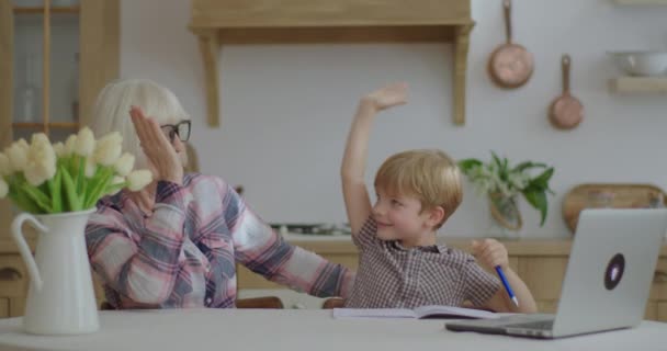 60s grand-mère faire des devoirs en ligne avec petit-fils préscolaire à la maison. Femme âgée en lunettes et jeune garçon étudiant en ligne avec ordinateur portable. Formation en ligne et enseignement à distance. — Video