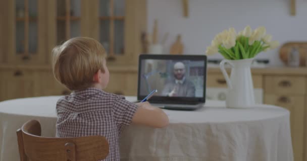 Vorschulkind macht Online-Hausaufgaben mit Lehrer auf Laptop-Bildschirm. Junge lernt online zu Hause. Online-Bildung und Fernunterricht. — Stockvideo