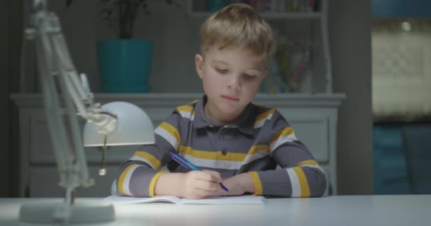 Dziecko w wieku podstawówki uczy się online w domu. Kamera pokazuje małego chłopca rozmawiającego z nauczycielem online. Edukacja online i kształcenie na odległość dla dzieci. — Wideo stockowe
