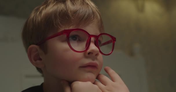Charmant enfant aux lunettes rouges lisant le livre le soir. Portrait de garçon en lunettes. Enfants ayant des problèmes de vision. — Video