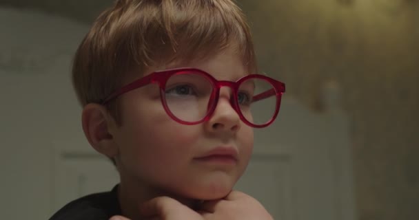 Чарівна дитина в червоних окулярах читає книгу ввечері. Портрет хлопчика в окулярах. Діти з проблемами зору . — стокове відео