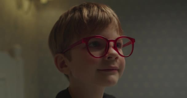 Charmant enfant aux lunettes rouges lisant le livre le soir. Portrait de garçon en lunettes. Enfants ayant des problèmes de vision. — Video