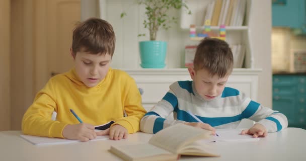 Dva školáci s autismem píšou školní úkoly perem. Žáci dělat domácí úkoly s učebnicí. — Stock video