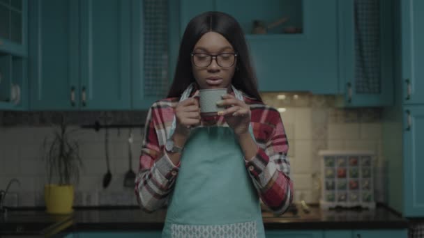 Femme afro-américaine des années 20 buvant du thé debout dans la cuisine portant un tablier regardant la caméra. Heureuse jeune femme adulte à la maison. — Video