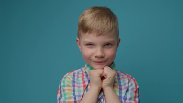 Dítě, které se drží za ruce, stojí izolované na modrém pozadí. Chlapec prosí o něco, co se dívá do kamery. Dítě se ptá prosím mluvit s kamerou. — Stock video
