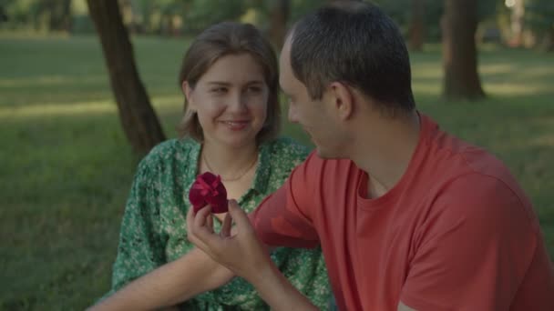 Mann macht seiner geliebten Frau beim Picknick im Park einen Heiratsantrag. Mann hält kleine rote Schachtel mit Verlobungsring für seine zukünftige Frau. — Stockvideo