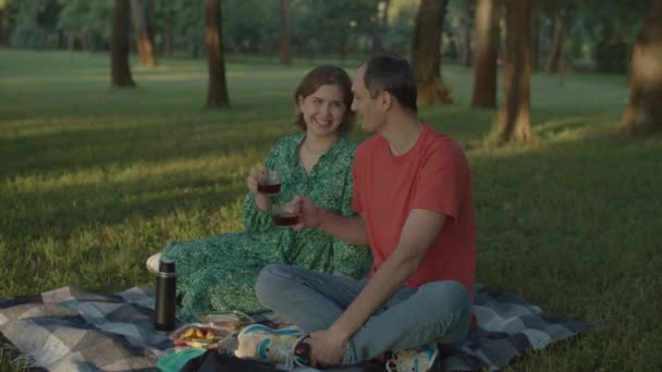 Χαμογελώντας χαρούμενο ζευγάρι πίνοντας καφέ κάθεται σε κουβέρτα πικνίκ στο πάρκο. 30 οικογένεια αναπαύεται έξω. — Αρχείο Βίντεο