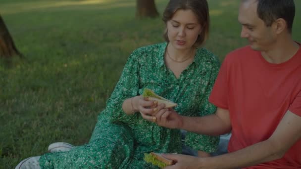 Ein junges erwachsenes Paar beim Sandwichessen auf einer Picknickdecke im Park. 30-jährige Frau in grünem Kleid und Ma in rotem T-Shirt beim Mittagessen draußen. Steadicam-Aufnahme. — Stockvideo