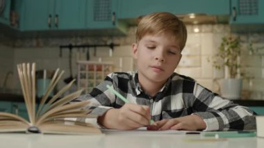 Genç bir çocuk evde ders çalışıyor, ödevleri için açık bir kitaba bakarken bir defter yazıyor. 4K